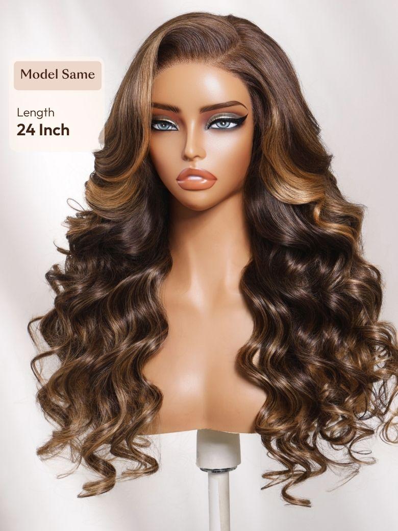 UNice 7x5 Bye Bye Slip™ Lace Chocolate Brown with Caramel Blonde Highlights Body Wave Wig with Side Part Bangs