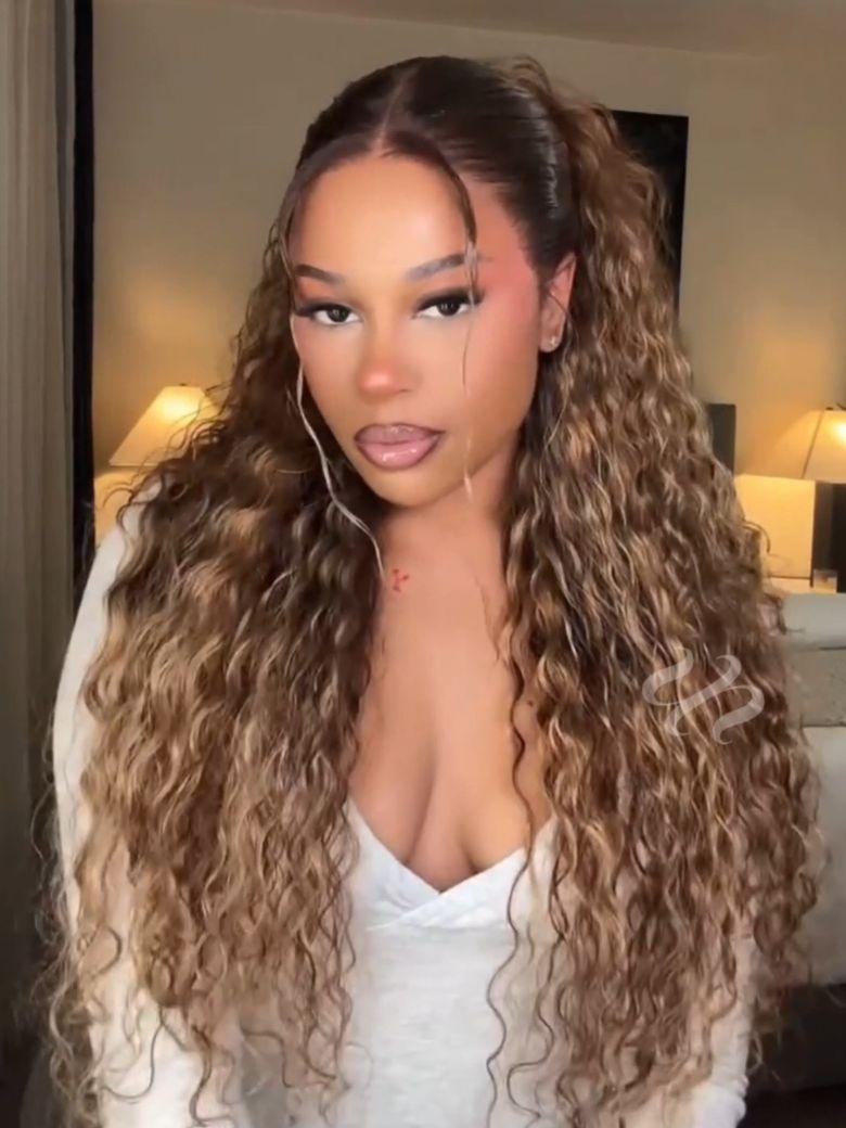 [With Drawstring] Must-Have 7x5 Bye Bye Slip™ Lace Frontal Caramel Brown With Honey Blonde Highlights Water Wave Glueless Wig