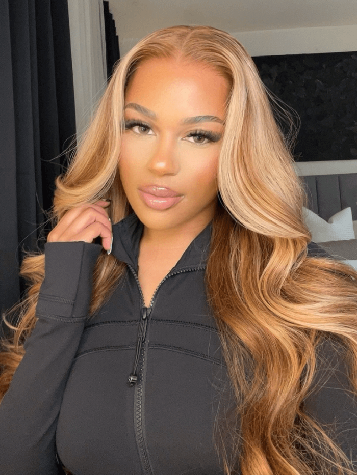 Bye-Bye Knots Wig With Drawstring Pre-Cut 7x5 Glueless Lace Honey Blonde Body Wave & Highlight Brown Body Wave Wig