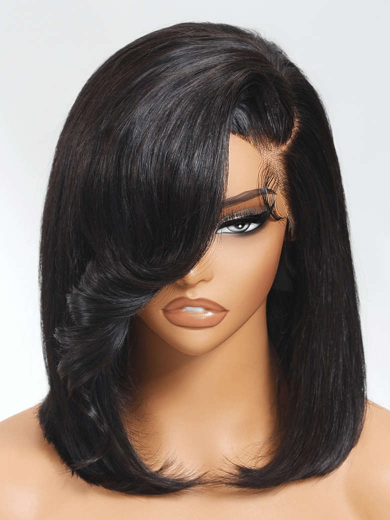 4x4 Lace Closure Black Bob Wig With Side Swept Bangs