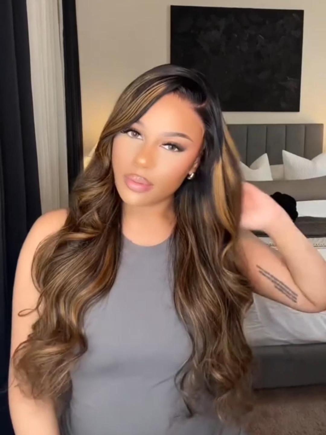 From 20'' 7x5 Bye Bye Knots Wig Glueless Lace Balayage Highlight Loose Wave Wig with Invisible Drawstring