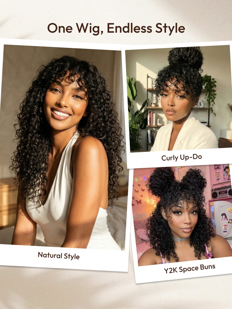 [18Inch=$129] UNice Shaggy Curly Wig with Pre-Cut Bangs | Glueless Beginner-Friendly 4×0.75 Lace | Natural Black