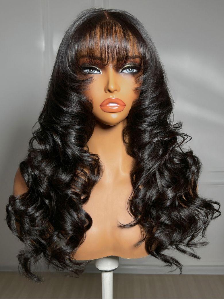 [From 18 Inch] UNice 7x5 Bye Bye Slip™ Lace Natural Black Soft Blowout Loose Wave Layered Wig With Wispy Bangs