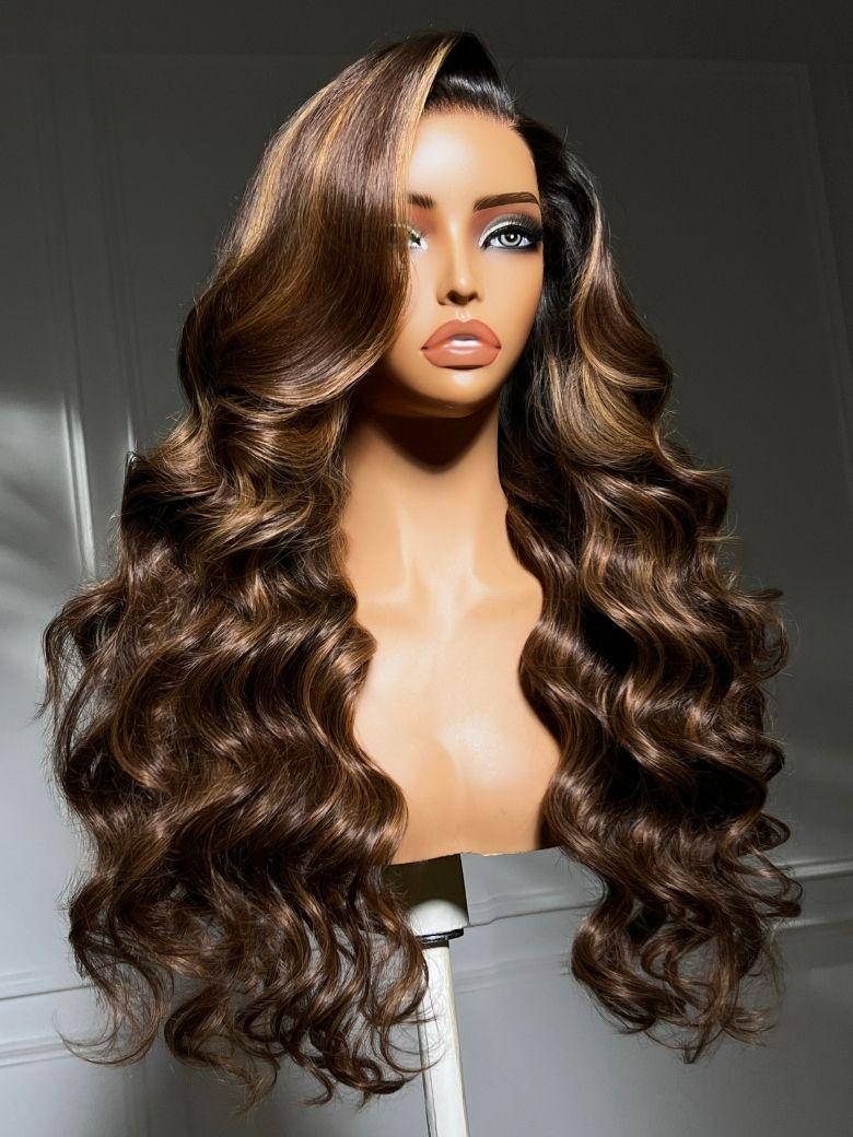 UNice 7x5 Bye Bye Slip™ Lace Caramel Highlights on Chocolate Brown with Dark Roots Body Wave Glueless Wig with Side Part Bangs