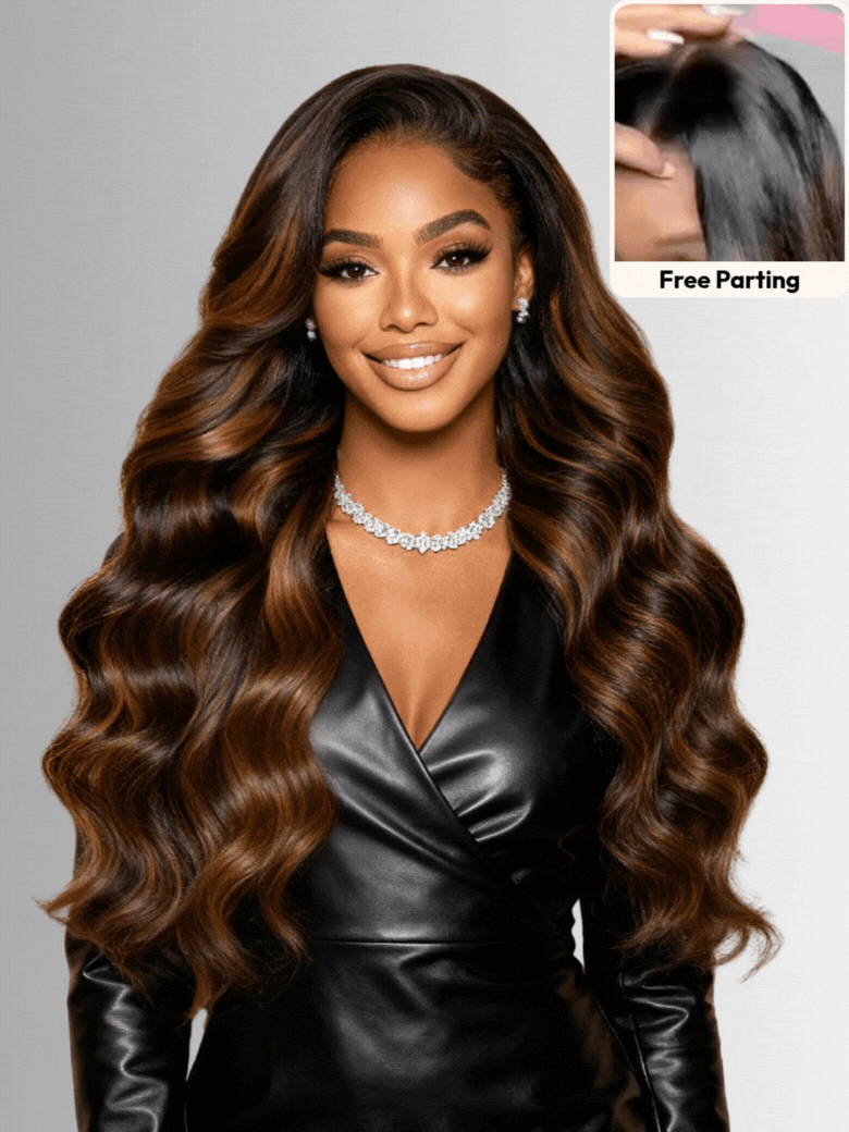 UNice 7x5 Bye Bye Knots™ Wig Glueless Lace Balayage Highlight Body Wave Drawstring & With Bangs Wig