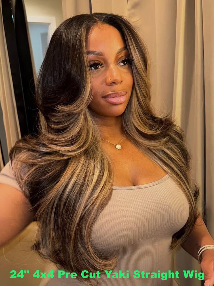[24"=$109] 7X5 Black /4x4 Pre Cut Yaki Straight Wig Ombre Chestnut Brown& Honey Blonde Higlight 2 Styles In 1 Put On And Go Wig