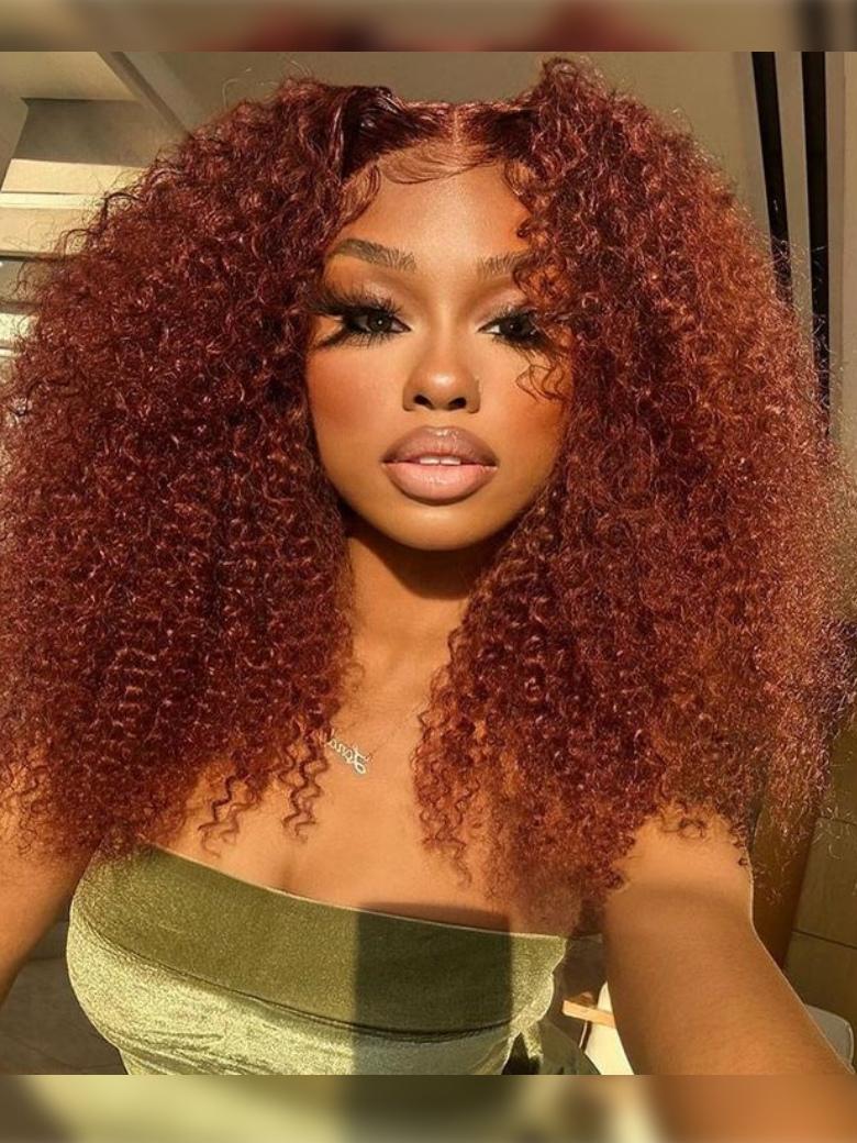 [From 20"] 200% Density 7x5 Glueless Lace Bye Bye Knots Wig Reddish Brown Kinky Curly Bleached Knots Wig