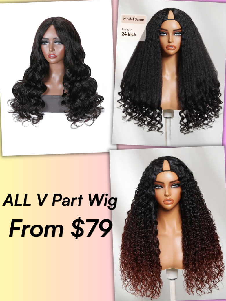 [From 22"] All V Part Wigs From $79: Body Wave | Black Kinky Straight with Spiral Curly Ends | Black to Reddish Brown Ombre Water Curly