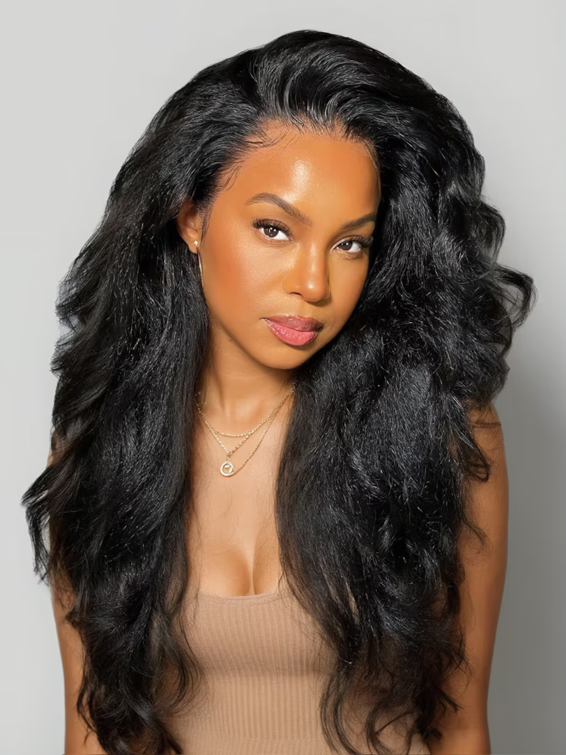 [22''=$99] Lace Part Kinky Straight Natural Black Pre-plucked Human Hair Wigs Breathable No Baby Hair 150% Density