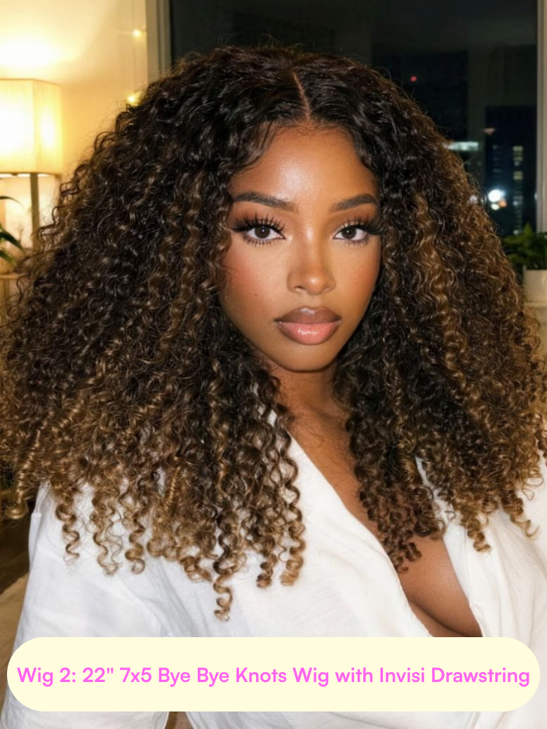 [24"=$99，22''=$89] 13x4 Pre-Everything Lace Frontal Black Fluffy Natural Loose Wave Curtain Bangs Wig & 7x5 Lace Balayage Highlight Curly Wig