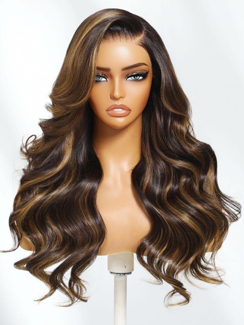 UNice 7x5 Bye Bye Slip™ Lace Brown with Golden Brown Highlights Glueless Body Wave Drawstring Wig with Side Part Bangs