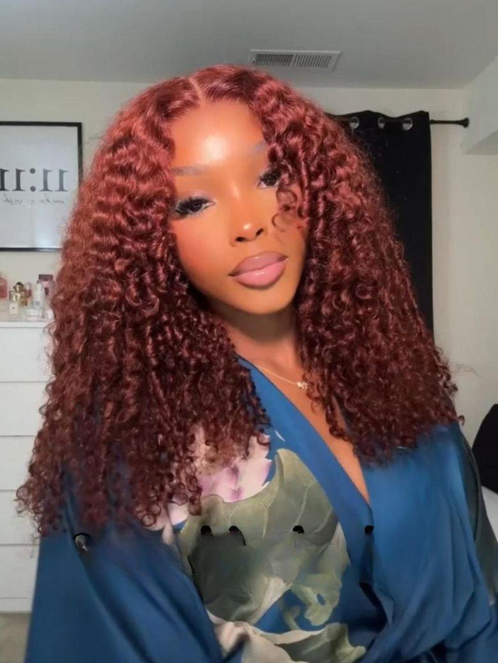 7x5 Bye-Bye Knots Wig Glueless Lace Sunset Jerry Curly & 13x4 Pre Everything Kinky Curly for Reddish Brown Drawstring Wig With Bleached Knots
