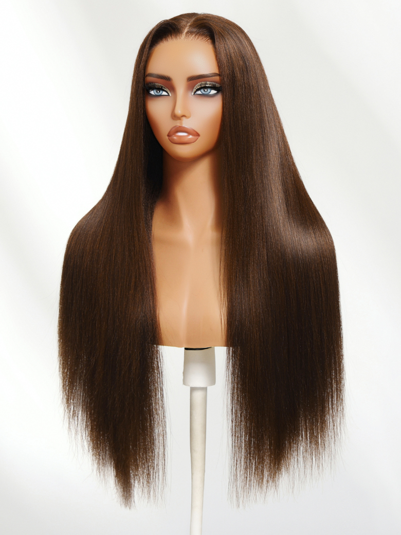 UNice 4x4 Pre-Cut Lace Chocolate Brown Yaki Straight Bye Bye Knots Glueless With Drawstring Wig