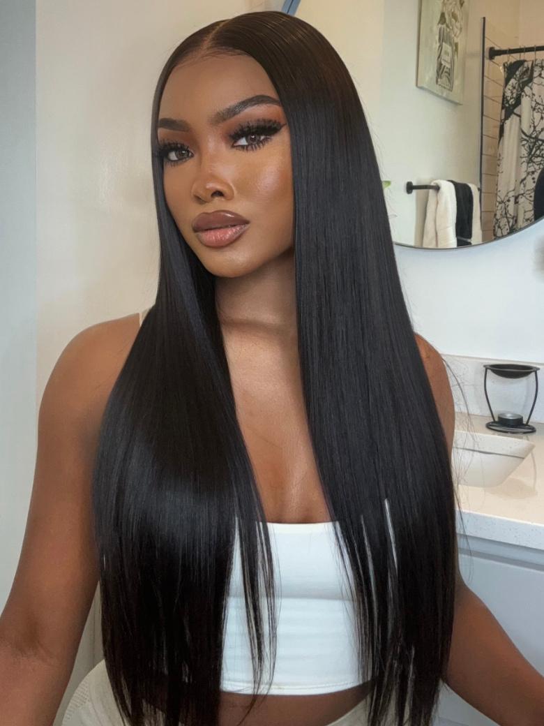 200% Density 13x4 Transparent Lace Frontal Black Straight Pre-Plucked Human Hair Wig with Baby Hair
