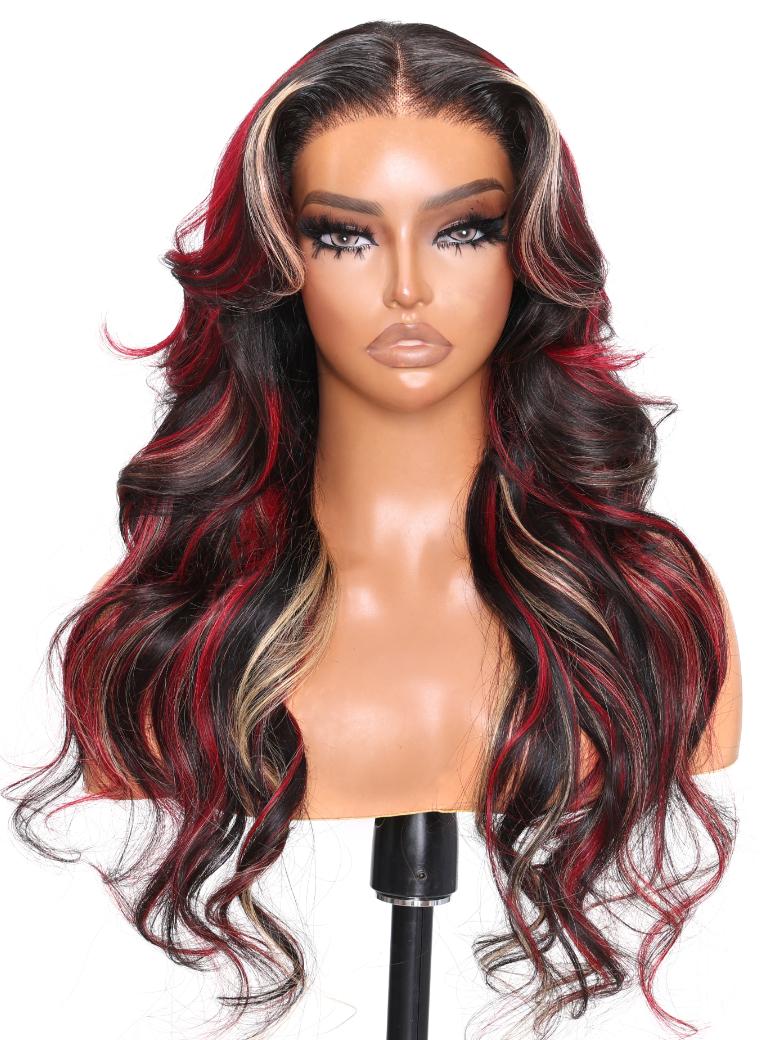 7x5 Bye Bye Knots™ Glueless Lace Red Blonde Highlights Loose Wave Wig 150% Density
