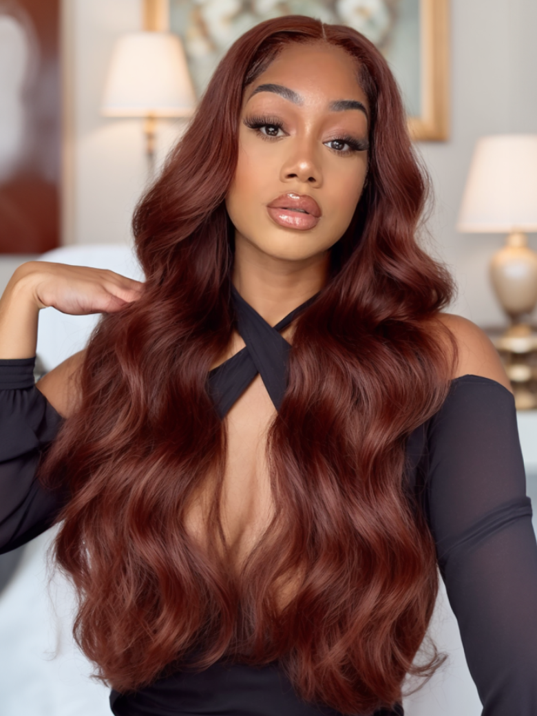 UNice 7x5 Bye Bye Knots Wig Glueless Lace Reddish Brown Bouncy Body Wave Bleached Knots Wig