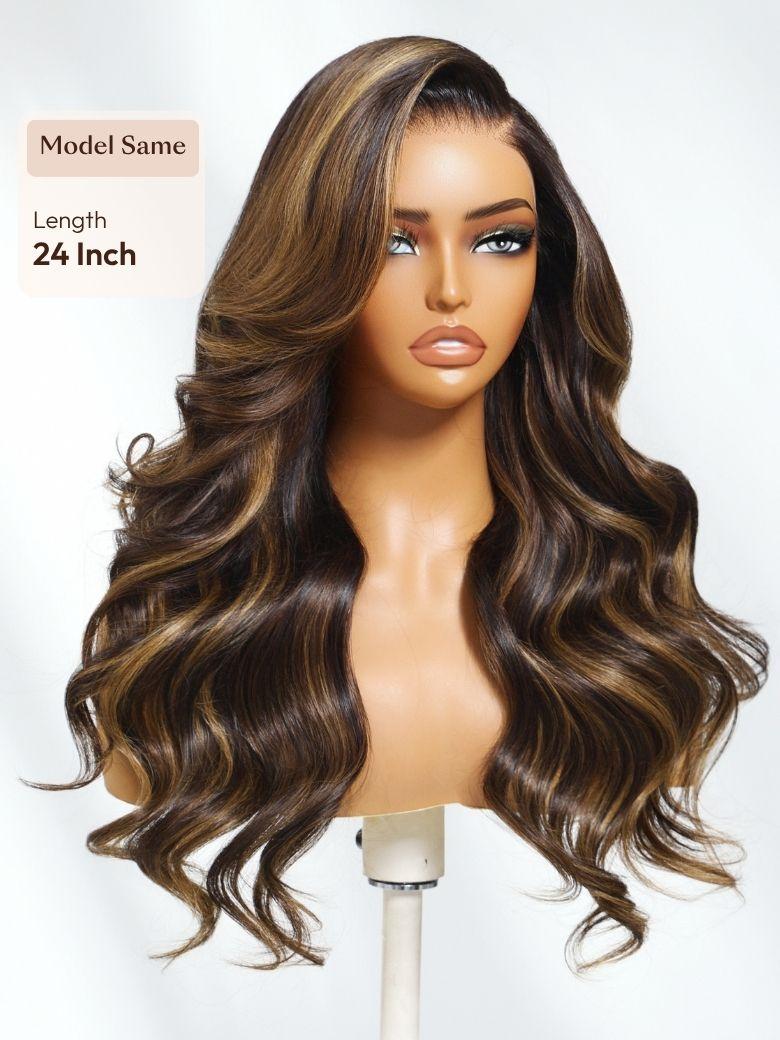 UNice 7x5 Bye Bye Slip™ Lace Brown with Golden Brown Highlights Glueless Body Wave Drawstring Wig with Side Part Bangs