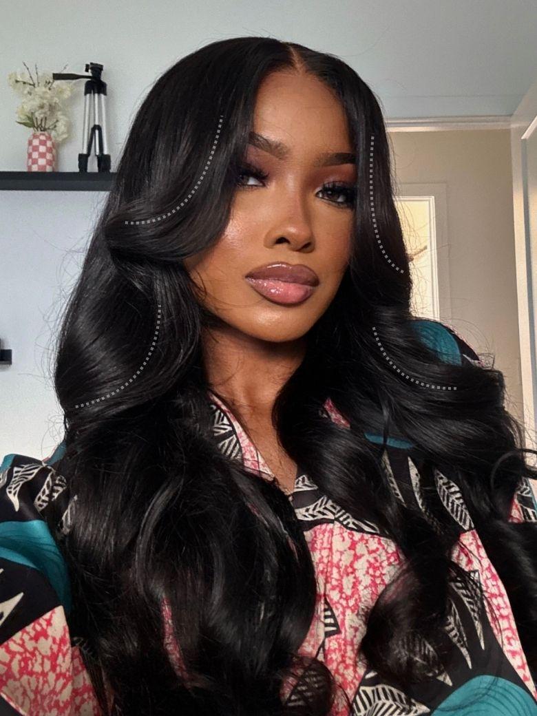 UNice HD Real Scalp™ Wig 13x4 Invisible Lace Frontal Body Wave Black Wig & Face Framing Curtain Bangs Wig With Invisi Drawstring