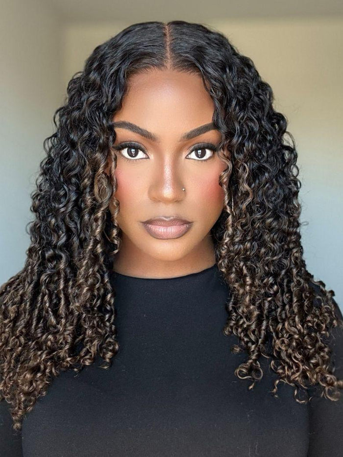 [With Drawstring] Glueless Curly Wig With Defined Finger Coil Ends Black to Chestnut Brown Ombre 7x5 Bye-Bye Knots™ 7x5 Wig