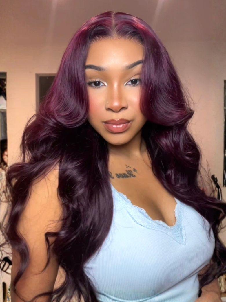 7x5 Bye-Bye Knots™ Lace Frontal Purple Black Cherry Layered Straight & Loose Wave With Invisi Drawstring Wig