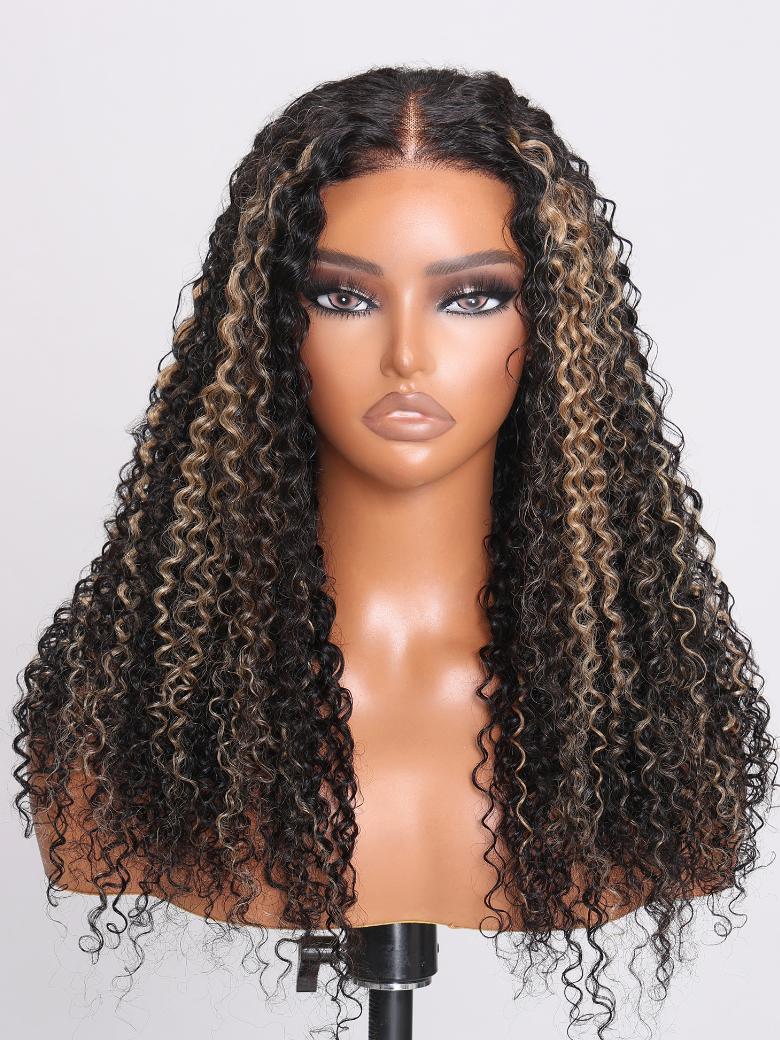 [22"=$113] Pre-Cut 6x4.5 Glueless Lace Honey Brown Highlights Jerry Curly Wig With Bleached Knots 180% Density