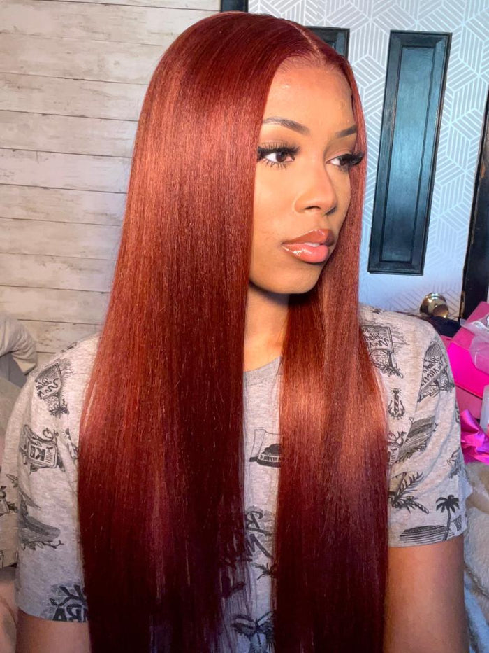 [20"=$89] Fall Trendy Reddish Brown Bone Yaki Striahgt Wig With Pre-plucked Hairline Glueless 7x5 Bye Bye Knots Wig