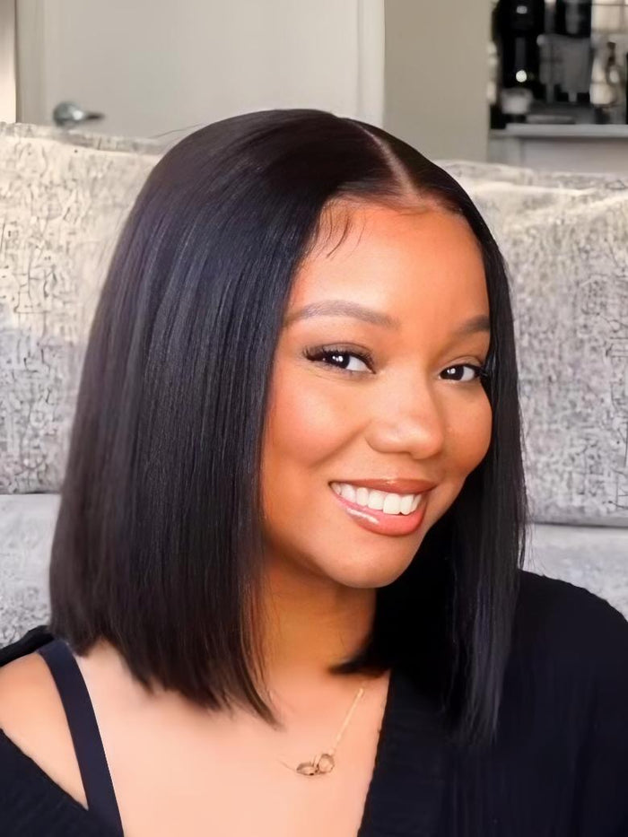 7x5 Bye Bye Knots™ Wig Black Yaki Bob Glueless Bleached Knots Wig With Drawstring