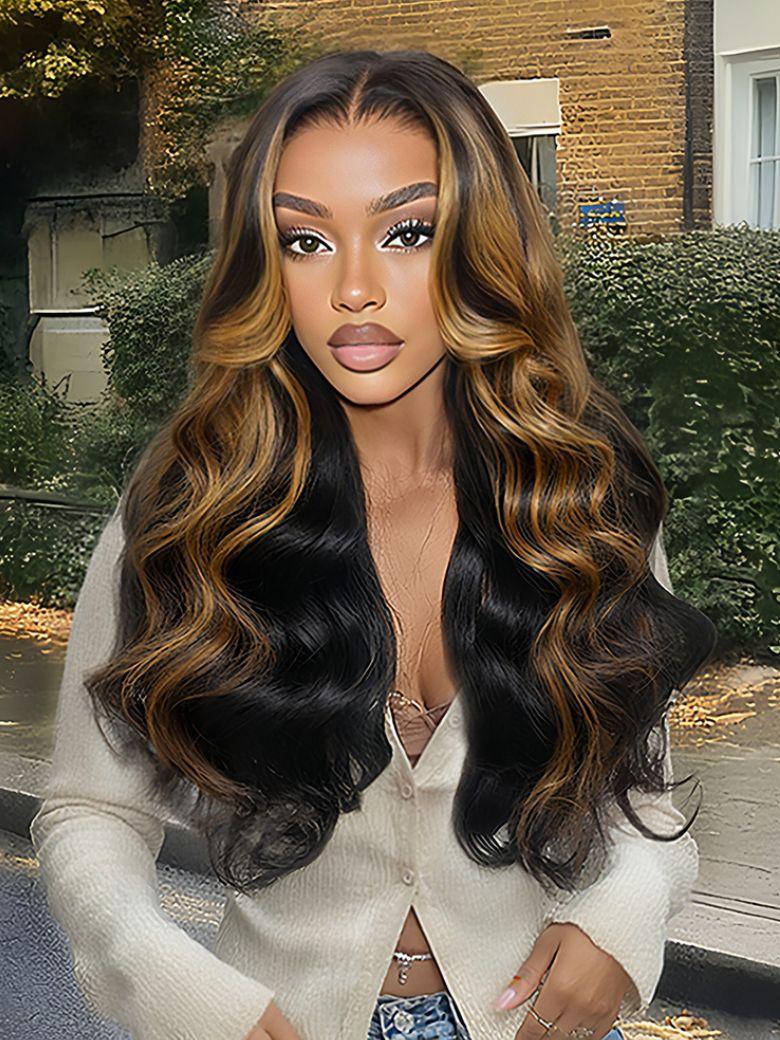 [From 20"] 13X6 Balayage Highlight& 7x5 Bye-Bye Knots Black with Caramel Blonde Highlights Body Wave Lace Wig With Drawstring