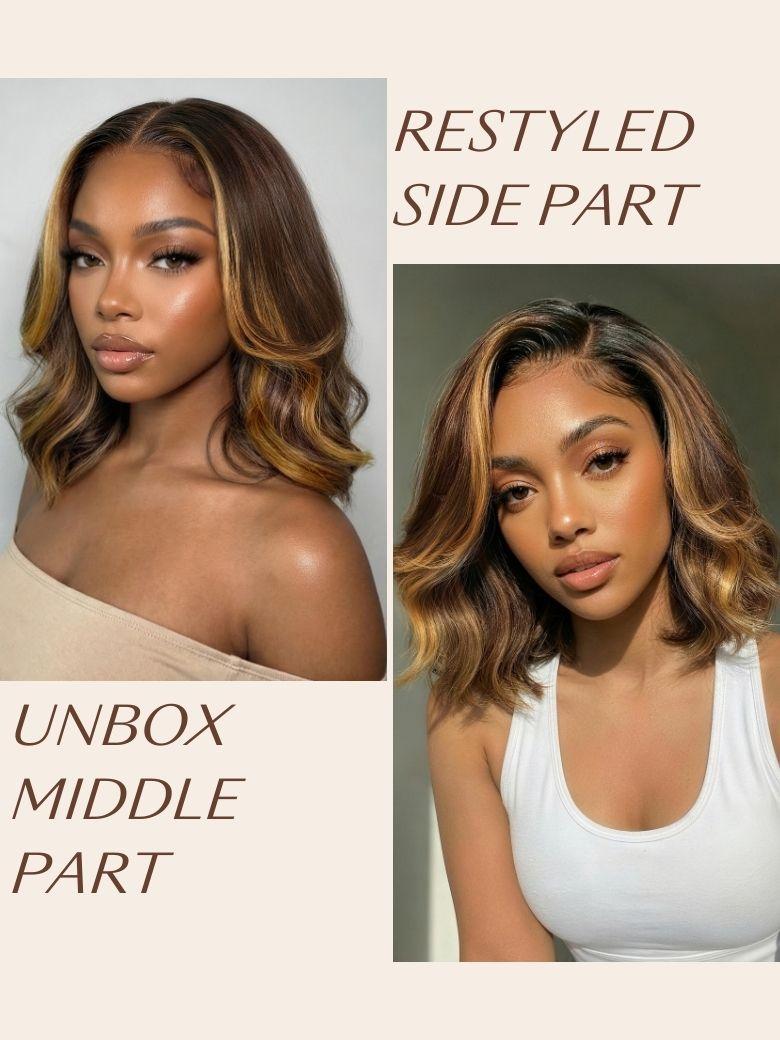 UNice 13x4 Pre-Everything™ Lace Frontal Brown With Honey Blonde Face-Framing Highlights Wavy Bob Drawstring Wig