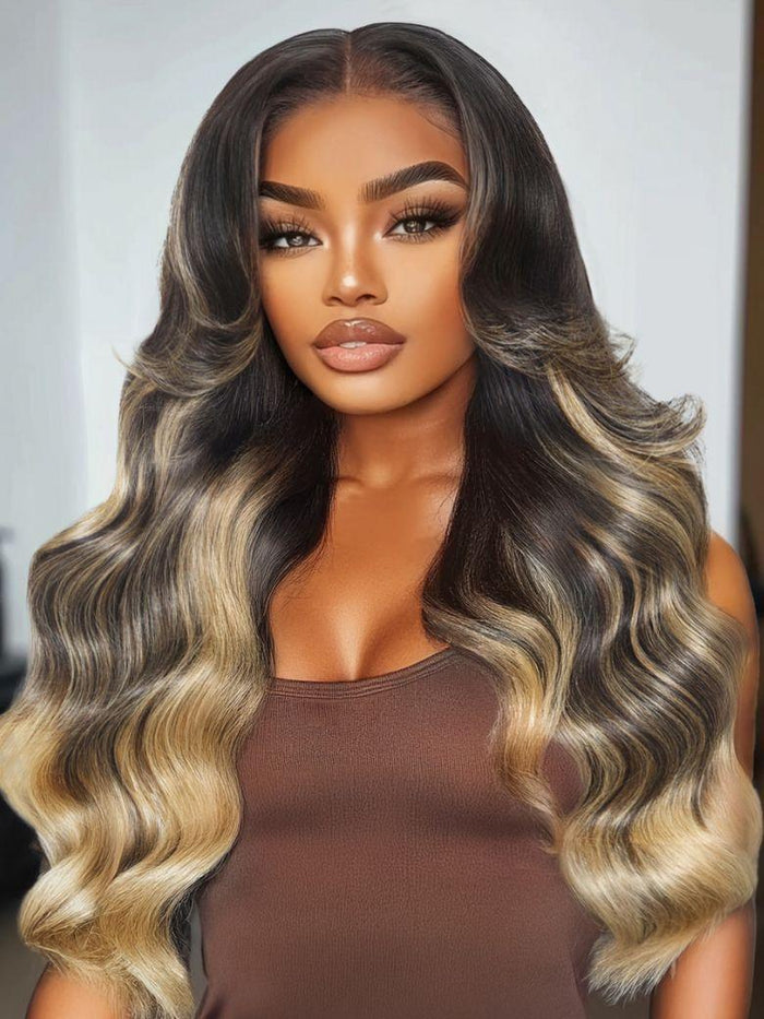 [Down To $89] Bye-Bye Knots™ Black With Blonde Highlights 7x5 Lace Loose Wave Wig With Face Framing Layers