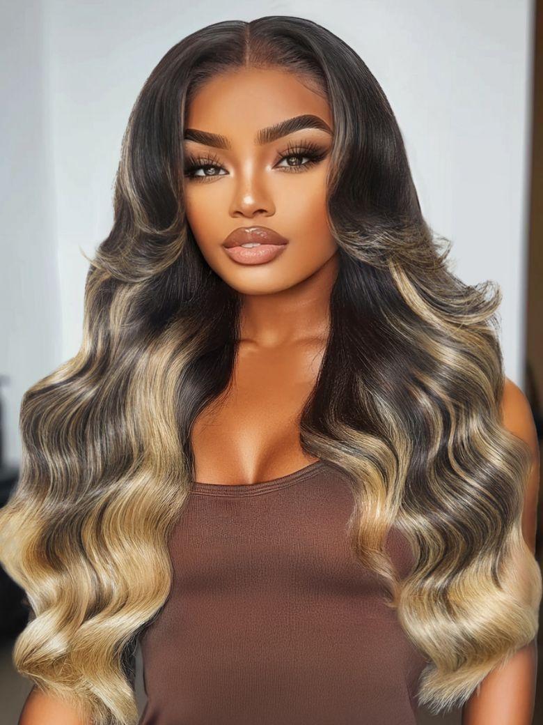 Black With Blonde Highlights 7x5 Bye-Bye Knots™ Glueless Lace Loose Wave Wig With Face Framing Layers