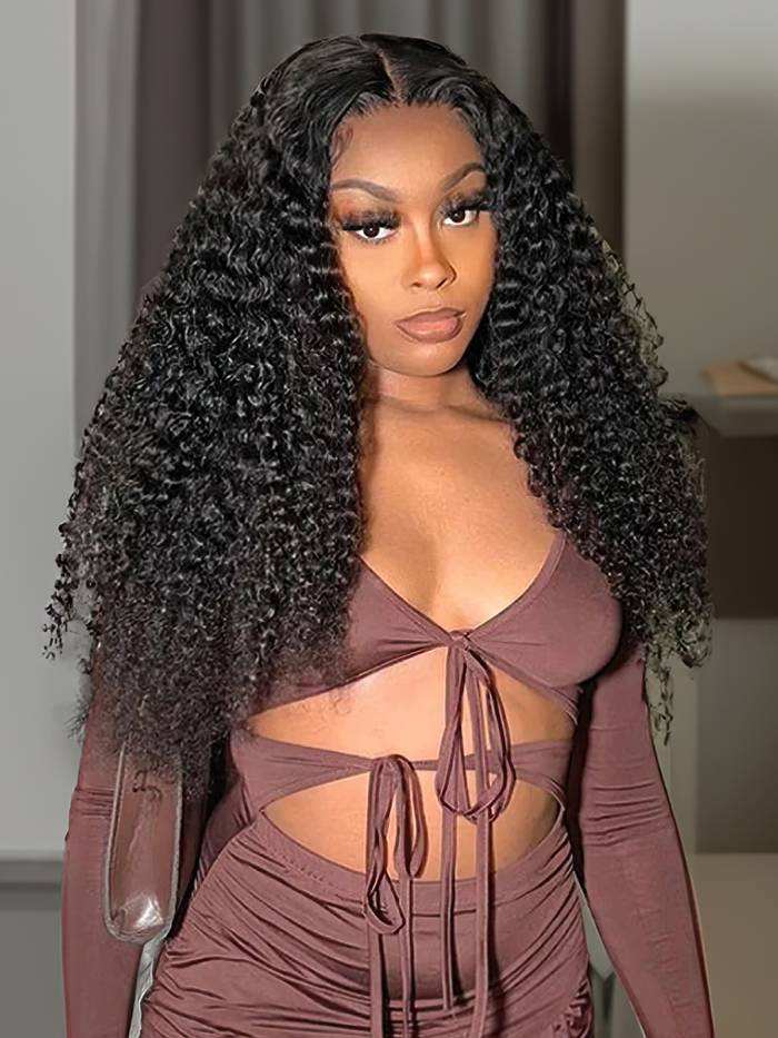 24'' (250% Density) UNice Put On And Go Pre Cut Lace Wig Transparent Lace Curly Black Quick & Easy Glueless Air Wig