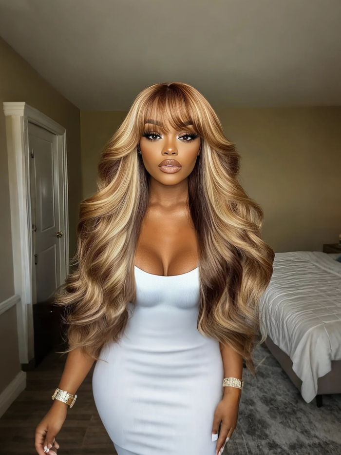 [With Gift] 22" Pre-Everything™ 13x4 Lace Frontal Soft Golden Blonde Highlights Fluffy Loose Wave Full Bangs Wig
