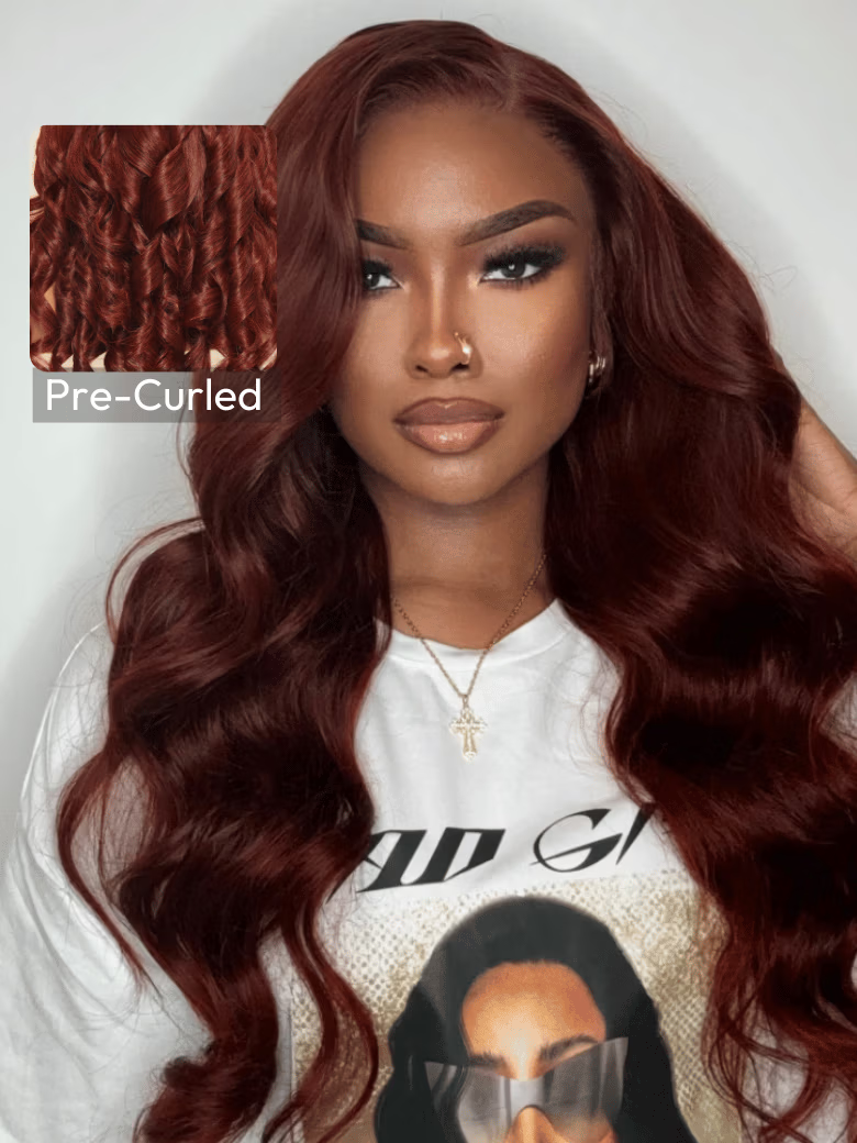 [24"=$119] 7x5 Glueless Lace Reddish Brown Yaki& Body Wave Bye Bye Knots Wig With Pre-plucked Hairline