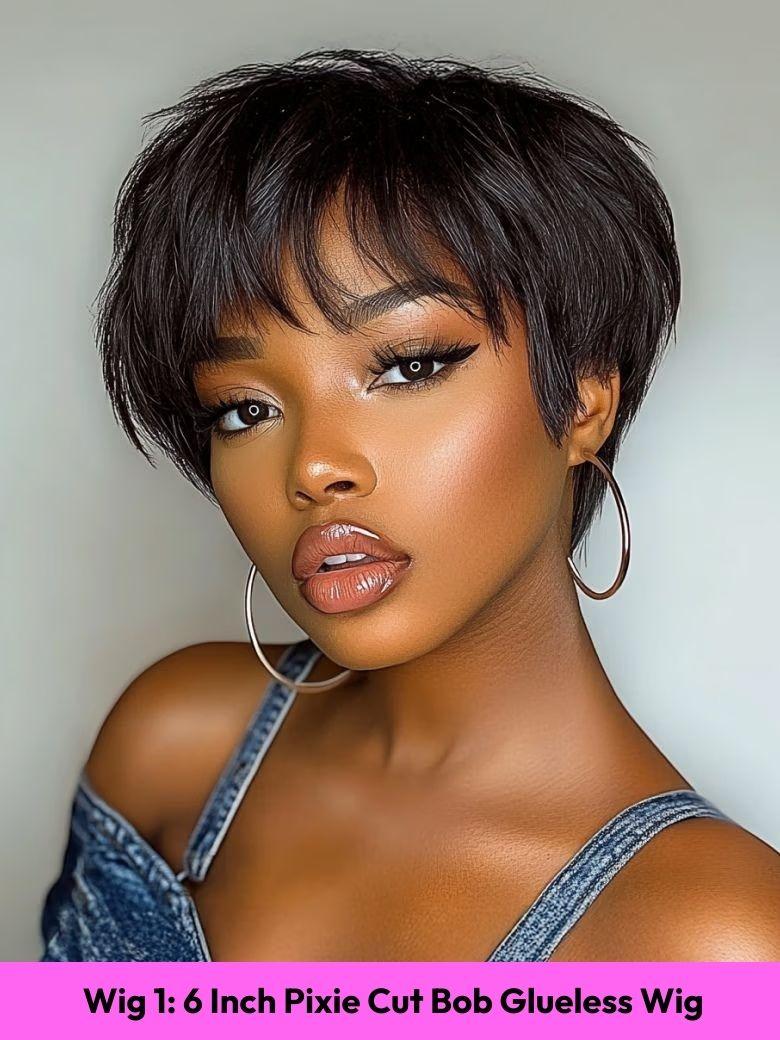 UNice Black Yaki Wig Human Hair Glueless Wig with Blunt Bangs