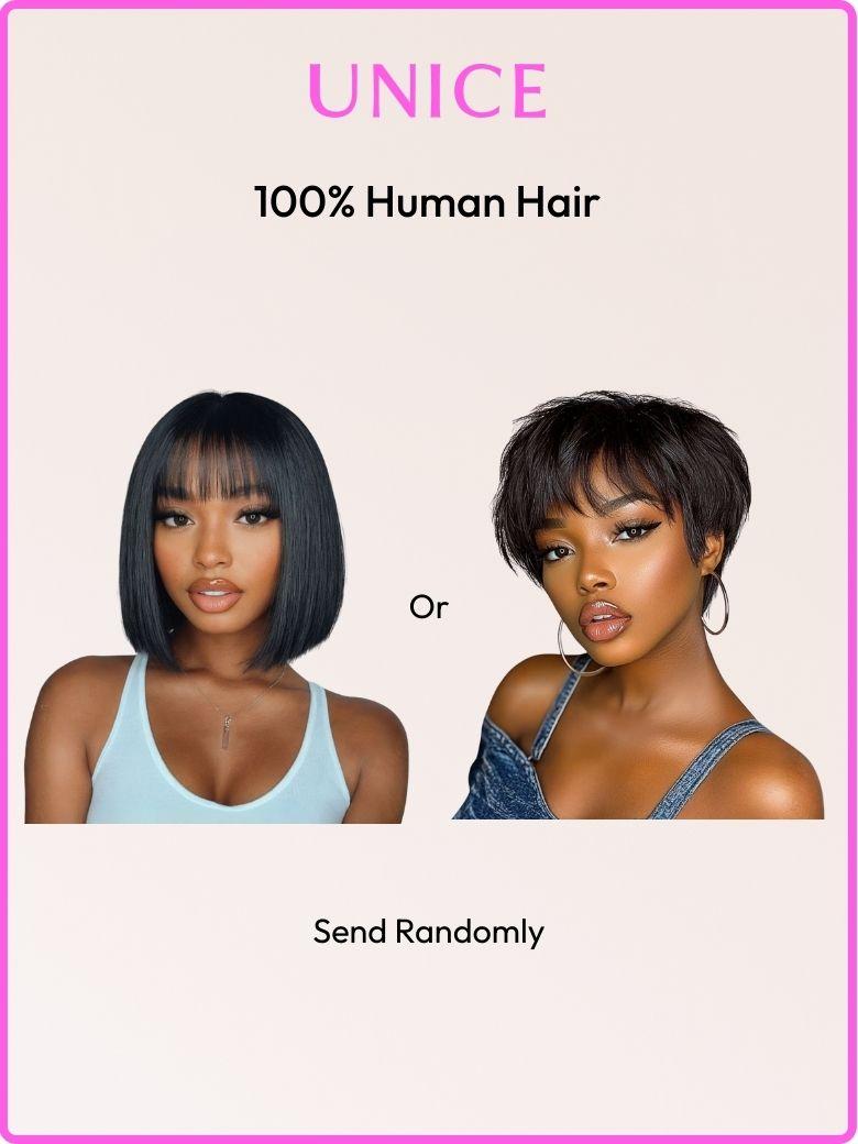 UNice Black Yaki Wig Human Hair Glueless Wig with Blunt Bangs