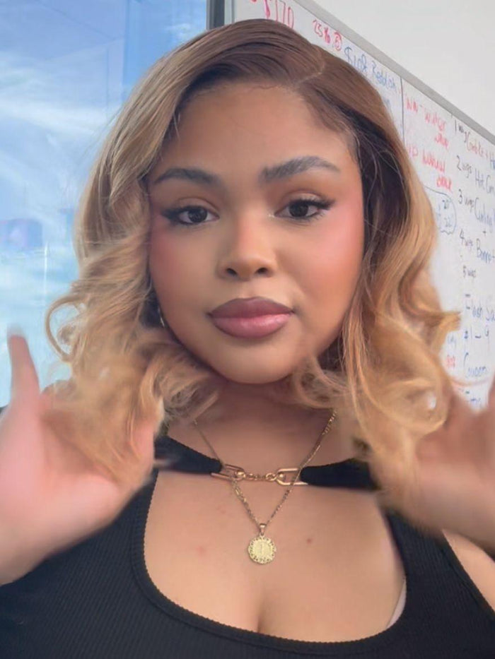 UNice Bye-Bye Slip 7x5 Lace Blonde with Brown Roots Side Part Blunt Bob Drawstring Wig 150% destiny