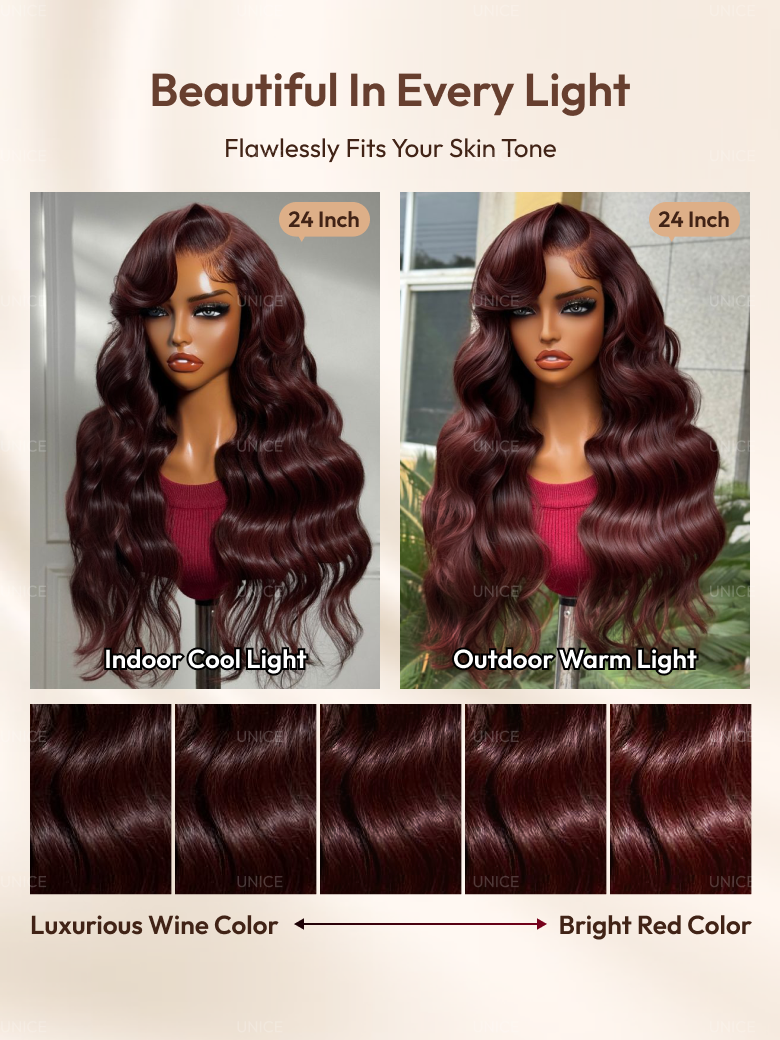UNice Glueless 100% Human Hair Bye-Bye Knots™ 7x5 Lace Dark Auburn Side Part Big Bouncy Wave Wig with Invisi Drawstring