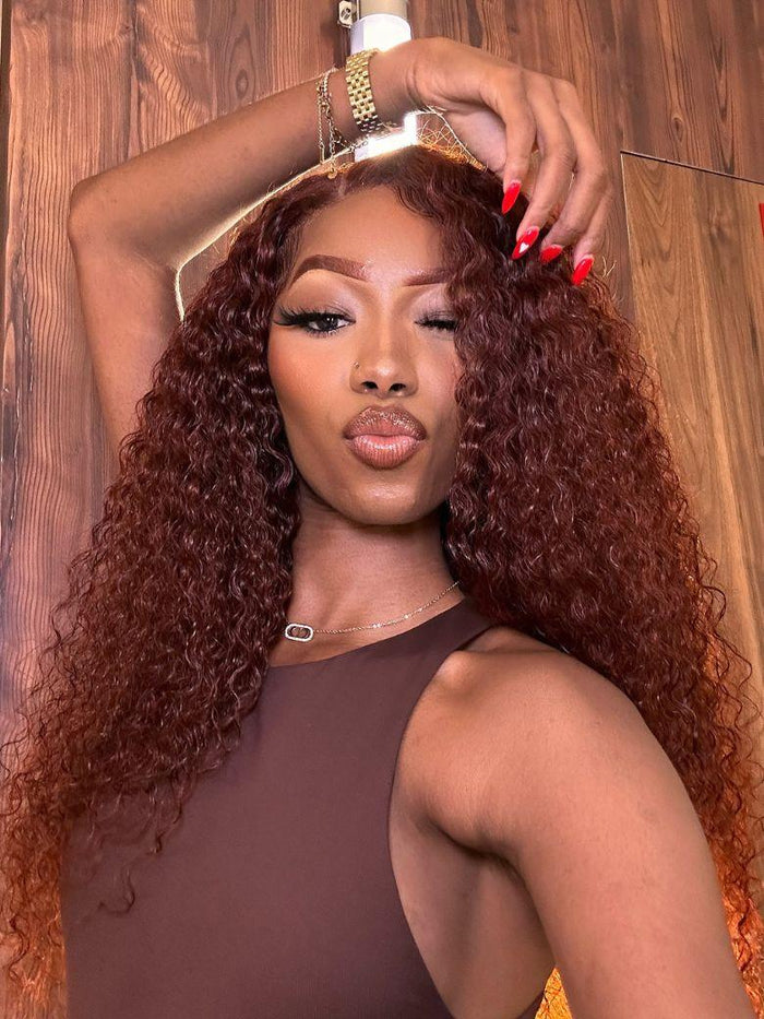 7x5 Bye-Bye Knots Wig Glueless Lace Reddish Brown Jerry Curly Wig With Bleached Knots 150% Density