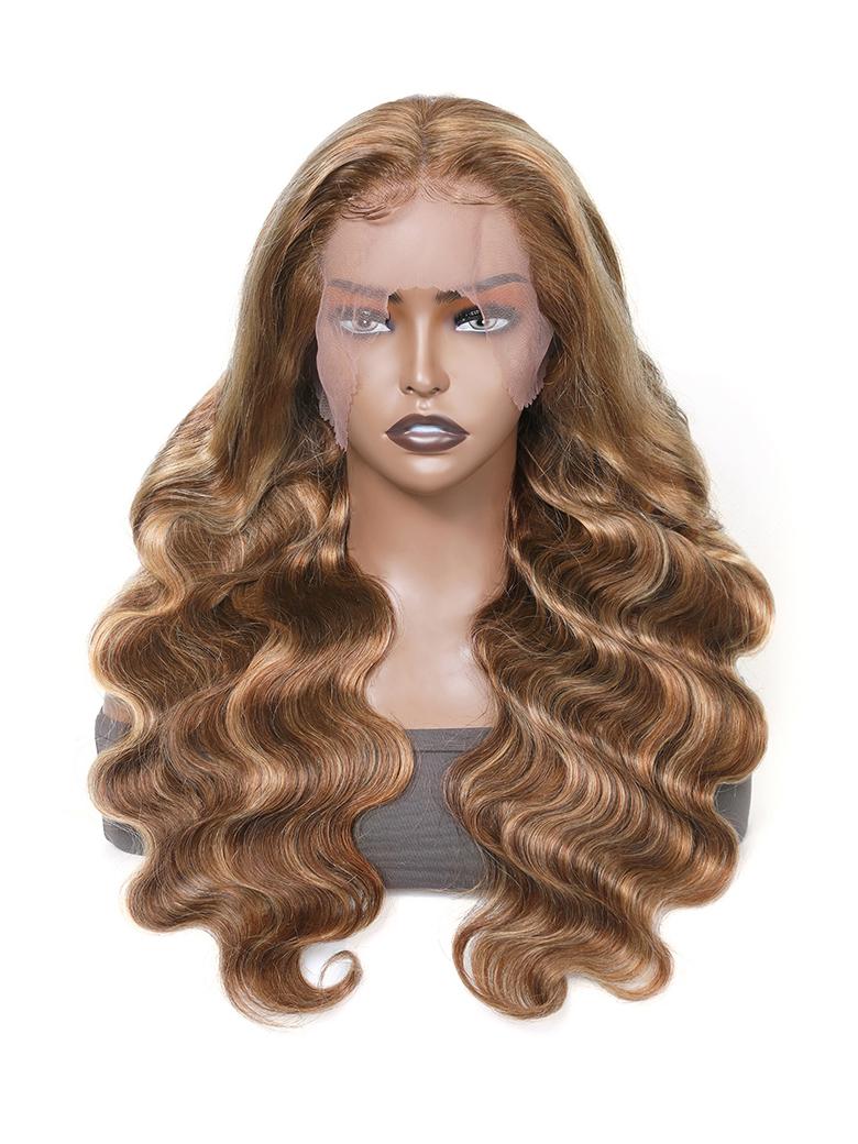 [24"=$136] 13x4 Lace Front Honey Blonde Highlight Wigs Human Hair Body Wave Colored Wigs