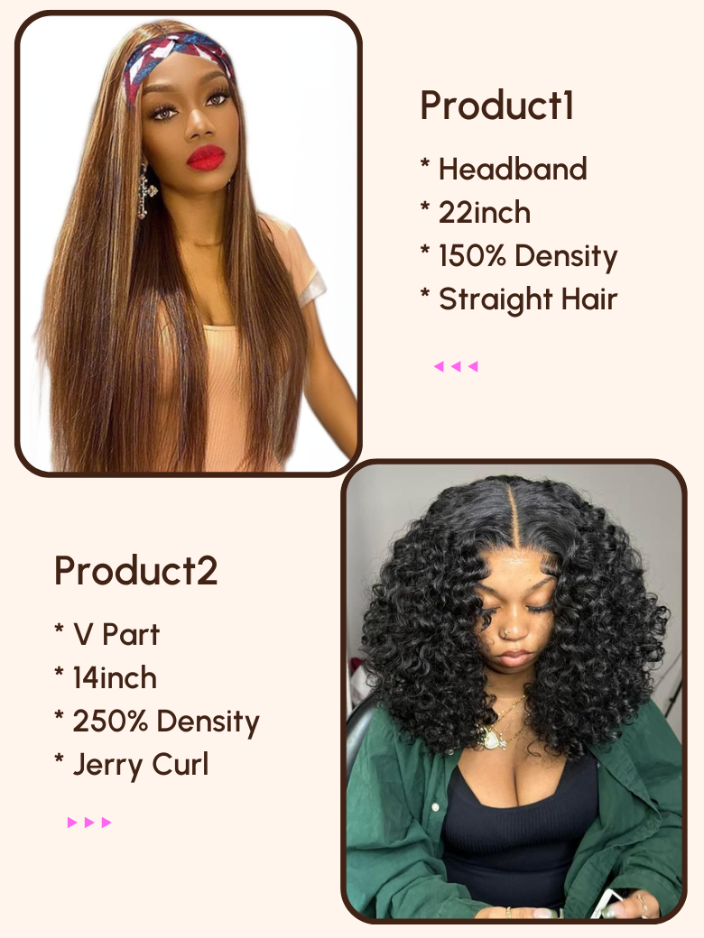 2 Wigs $147 for 22" Headband Highlight Blonde Straight Hair and 14" V Part 250% Density Curly Wig