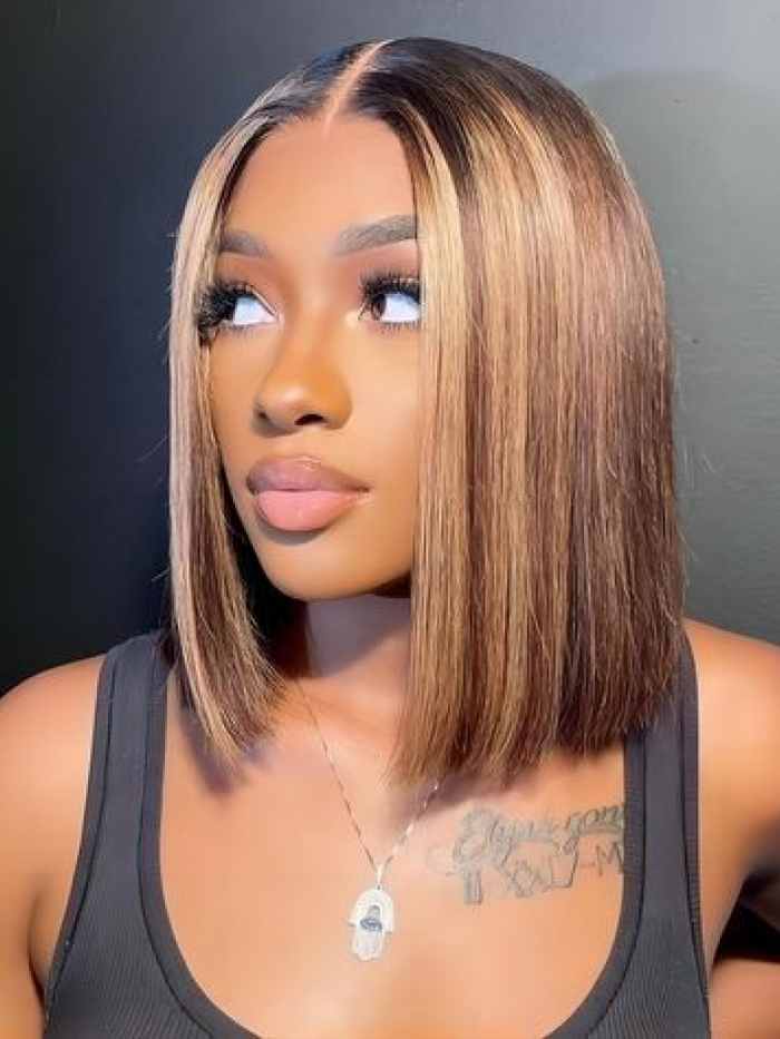 6x4.5 Pre Cut Lace Glueless Bob Wig Honey Blonde Highlights 150% Density