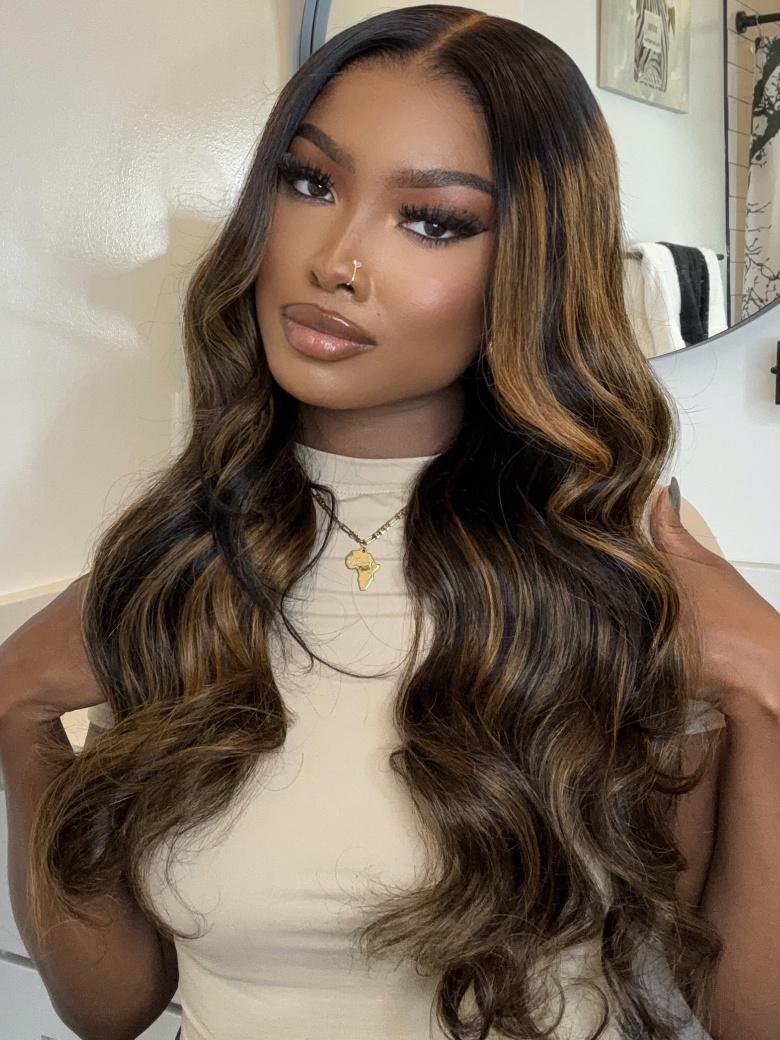 [24"=$139]Lace Frontal Wig Gluesess T Part Highlight Balayage Body Wave Breathable