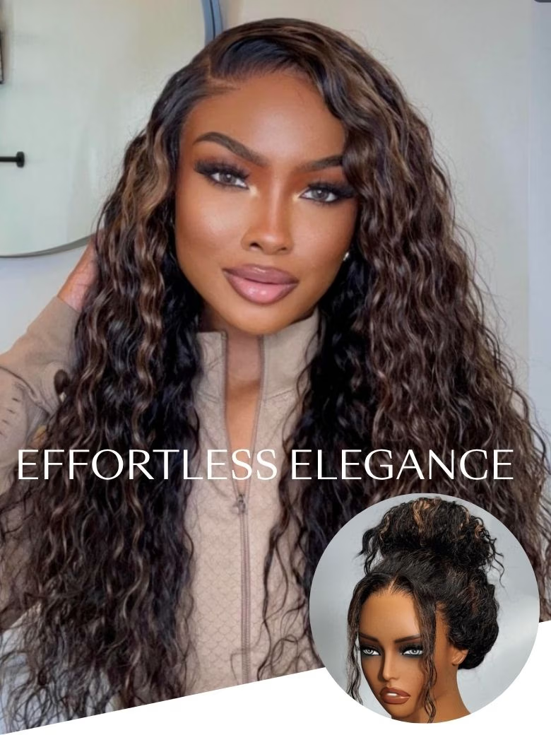 UNice Bye-Bye Knots 7x5 Lace Water Wave Black Wig With Golden Brown Highlights & Natural Black