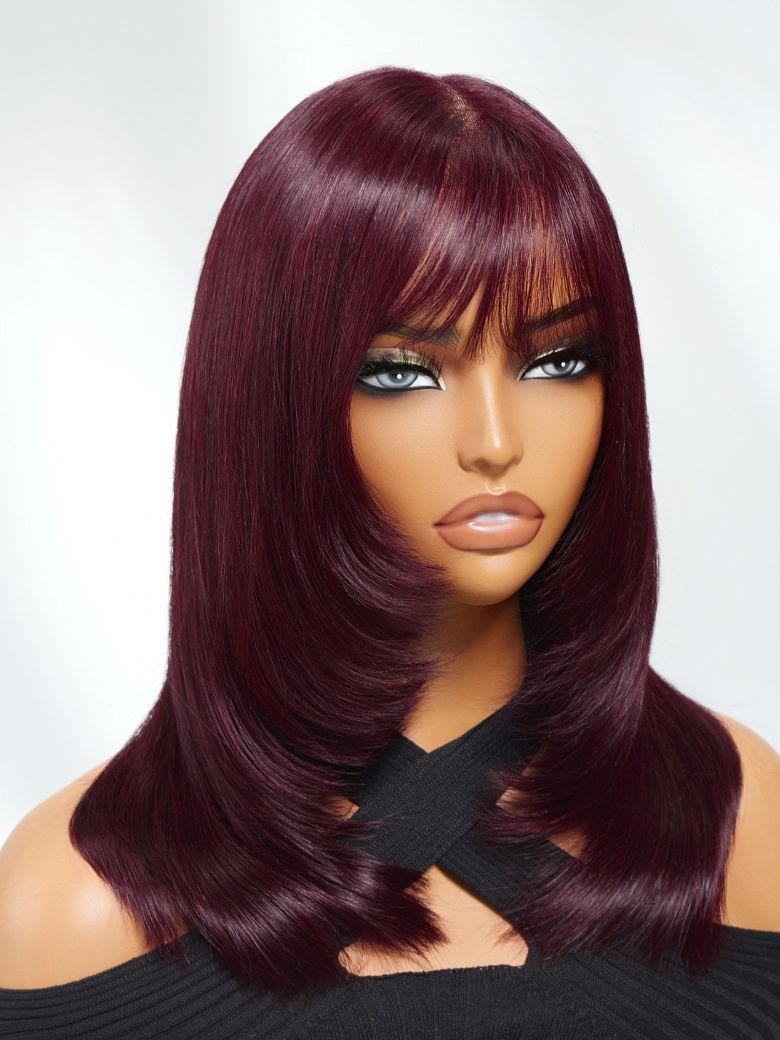 100% Human Hair Black Cherry Bye-Bye Knots™ 7x5 Lace Glueless Bob Drawstring Layer Straight Wig