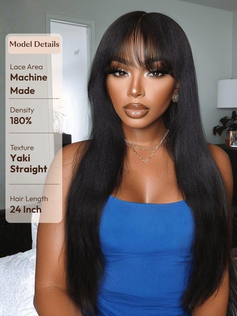 [180% Density] 7x5 Bye-Bye Knots Black Fluffy Natural Loose Wave Curtain Bangs & & Machine Made Yaki With Wispy Bangs Wig