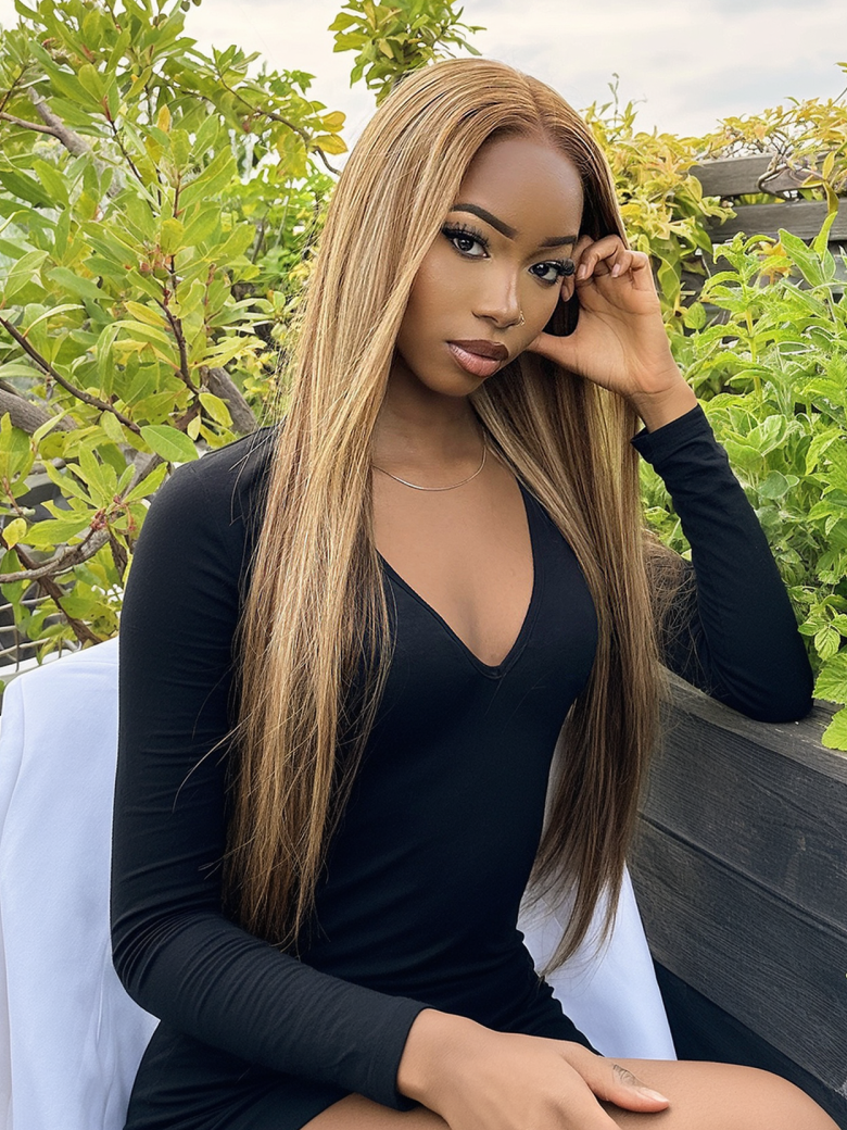 [20"=$105] Put On And Go 6x4.5 Pre Cut Lace with Baby Hair Honey Blonde Highlights Straight Hair Air Wig