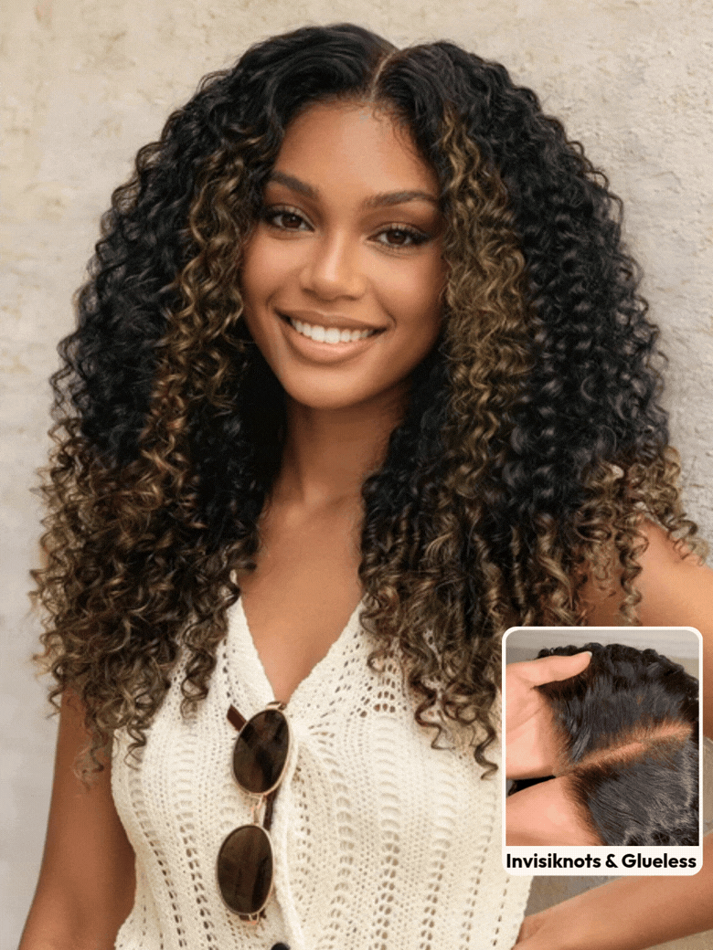 UNice Glueless 7x5 Burmese Curly Wig with Finger Coily Ends 100% Human Hair Black to Chestnut Brown Ombre Bye-Bye Knots™ 7x5 Lace Drawstring Wig