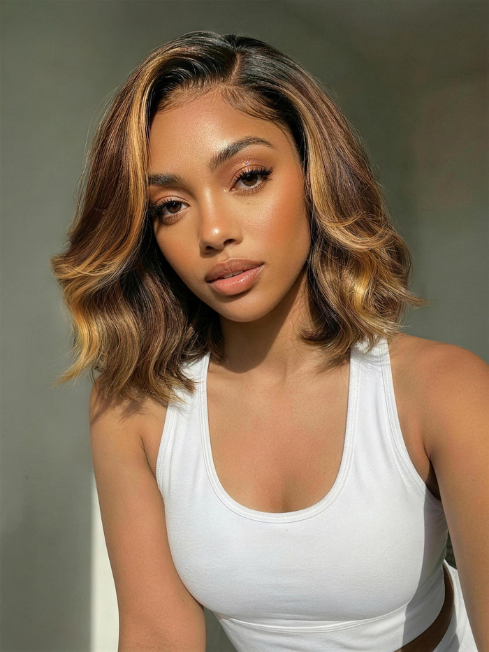 UNice 7x5 & 13x4 Pre-Everything™ Lace Frontal Brown With Honey Blonde Face-Framing Highlights Wavy Bob Glueless Drawstring Wig Secure Fit