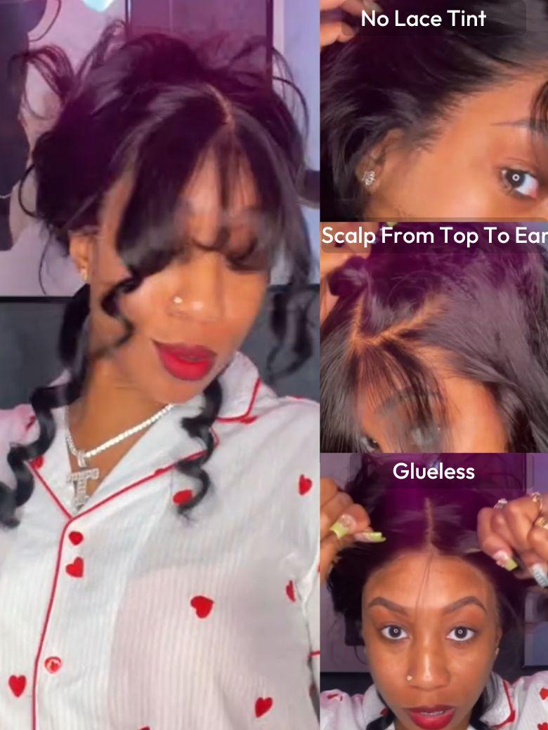 13x4 Pre-Everything™ Lace Frontal Black Fluffy Natural Loose Wave with Curtain Bangs Wig